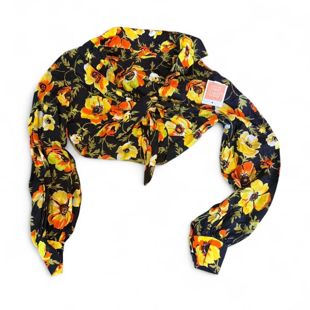 Vintage Y2K Black, Yellow, & Orange Floral Tie Front Long Sleeve Blouse